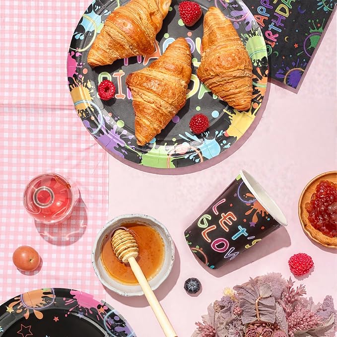 96pcs Birthday Party Disposable Tableware Set Birthday for 24 Guest Kids Coloful Black Party Supplies（Include plates，cups and napkins）