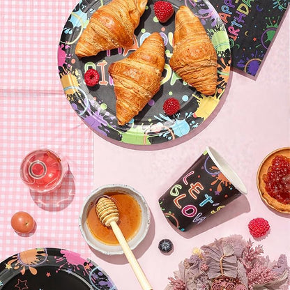 96pcs Birthday Party Disposable Tableware Set Birthday for 24 Guest Kids Coloful Black Party Supplies（Include plates，cups and napkins）