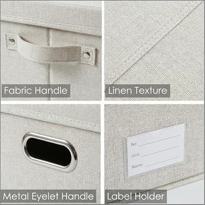 PRANDOM Storage Bins with Lids [3-Pack] Linen Fabric Foldable Storage Boxes Organizer Containers Baskets Cube with Cover for Bedroom Closet Office Beige (23.4X15.9X11.4)