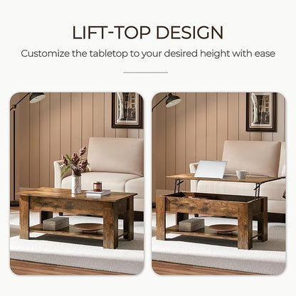 Yaheetech Coffee Table, Lift Top Coffee Table with Large Hidden Storage Shelf, Lift Tabletop Dining Table for Living Room, Home Small Space, 38.6in, Rustic Brown