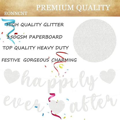 Pre-Strung Happily Ever After Banner - Silver Glitter Bachelorette Bridal Engagement Party Decoration Supplies, Bachelorette Wedding Party Banner for Engagement, Bridal Shower, Wedding Party Photo Booth Props
