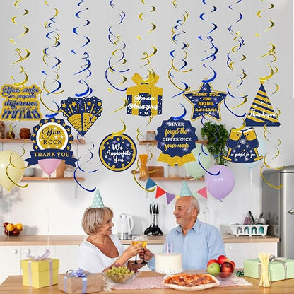 28PCS We Appreciate You Hanging Swirls Blue Gold Glitter Thank You Foil Swirl Decor Teacher Doctor Nurse Employee Staff Graduation Appreciation Ceiling Hanging Decor Party Decorations