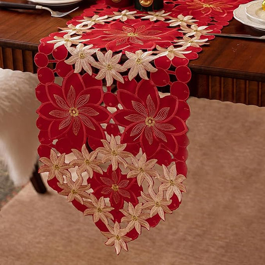 Joyfol Day Christmas Embroidered Table Runner 14 x 86 Inch, Cutwork Red Gold Poinsettia Table Runners, Winter Holiday Flowers Table Linens for Xmas Party Decorations