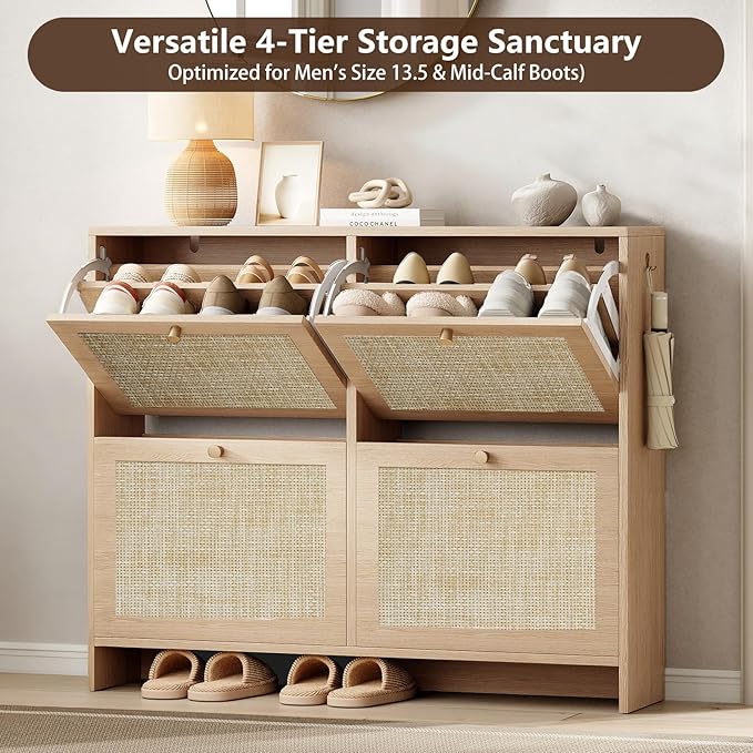 Nicetree Shoe Cabinet Storage for Entryway, 4-Flip Drawer Narrow Shoe Rack, Organic Modern Rattan Shoe Organizer with Gold Legs, Shoe Organizer Fits Men's Size 13.5, Sun-Drenched Amber Oak