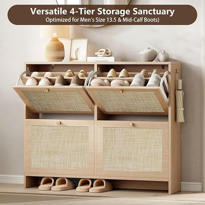 Nicetree Shoe Cabinet Storage for Entryway, 4-Flip Drawer Narrow Shoe Rack, Organic Modern Rattan Shoe Organizer with Gold Legs, Shoe Organizer Fits Men's Size 13.5, Sun-Drenched Amber Oak