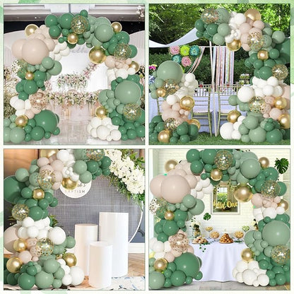 Ouddy Party Sage Green Balloons Arch Garland Kit, Different Sizes 18 12 10 5 inch Sage Green Gold Sand White Olive Latex Metallic Confetti Balloon for Baby Shower Safari Birthday Party Decorations
