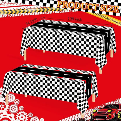 WNINK 4 Pack Race Car Table Cloth and Black White Gingham Tablecloths Disposable Plastic Buffalo Check Tablecloth Checkered Flag Covers for Birthday, Outdoor Picnic, Birthday, Camping 54 × 108 Inch