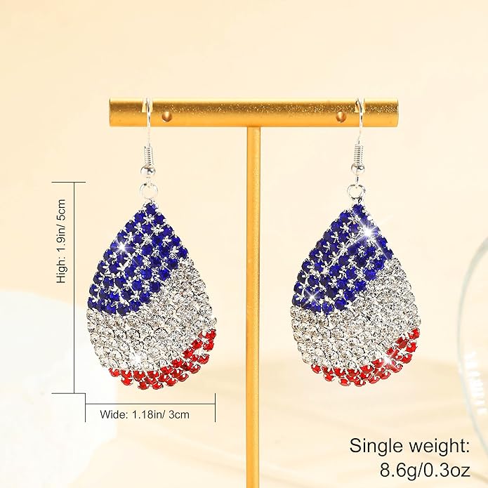 4th of July Independence Day Patriotic Earring for Women American Flag Dangle Earrings Patriotic Red White Blue USA Earring, Pave Crystal Stud