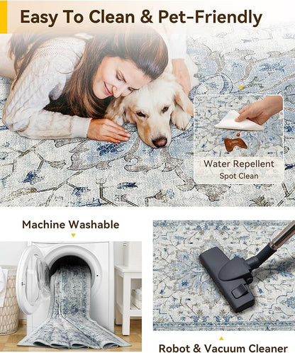 Area Rugs 2'6''x10' Runner Rug Non Slip Washable for Kitchen Hallway Bedroom Beside Laundry Room Bathroom Rug, Floor Carpet, Light Blue Navy Beige Gray White