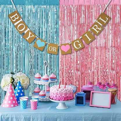 4 Pack 3.2Ft x 8.2Ft Pink Blue Fringe Curtain Backdrop, Metallic Tinsel Foil Fringe Streamers Curtains Background for Photo Booth Wedding Gender Reveal Backdrop Boy or Girl Birthday Party Decoration