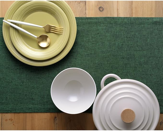 Solino Home Linen Table Runner 90 Inches Long - Athena, 100% Pure Linen Forest Green Table Runner 14 x 90 Inch for Dining, Fall, Autumn, Christmas, Winter, New Year