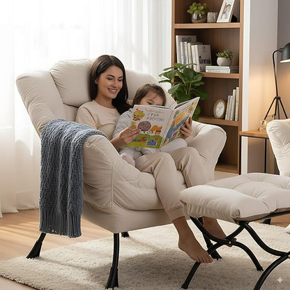 LITA Lazy Chair with Ottoman, Modern Accent Leisure Upholstered Sofa Chair, Contemporary Lounge Reading Chairs with Armrests and a Side Pocket for Living Room, Bedroom & Small Space, Beige