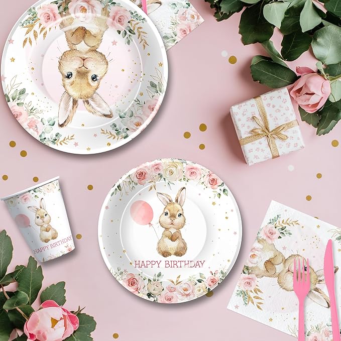 APOWBLS Bunny Birthday Decorations Tableware, Bunny Party Supplies, Paper Plate, Cup, Napkin, Tablecloth, Cutlery, Rabbit Bunny Party Decorations For Easter 1st 2nd Birthday, Serves 24