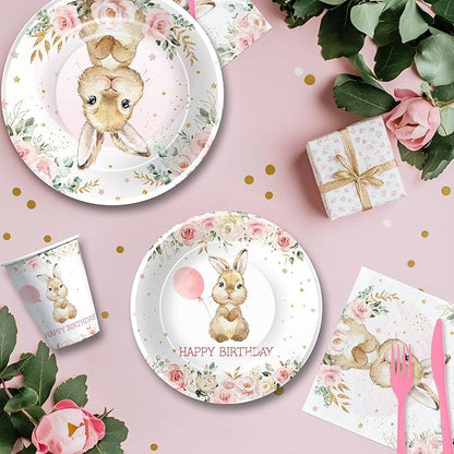 APOWBLS Bunny Birthday Decorations Tableware, Bunny Party Supplies, Paper Plate, Cup, Napkin, Tablecloth, Cutlery, Rabbit Bunny Party Decorations For Easter 1st 2nd Birthday, Serves 24