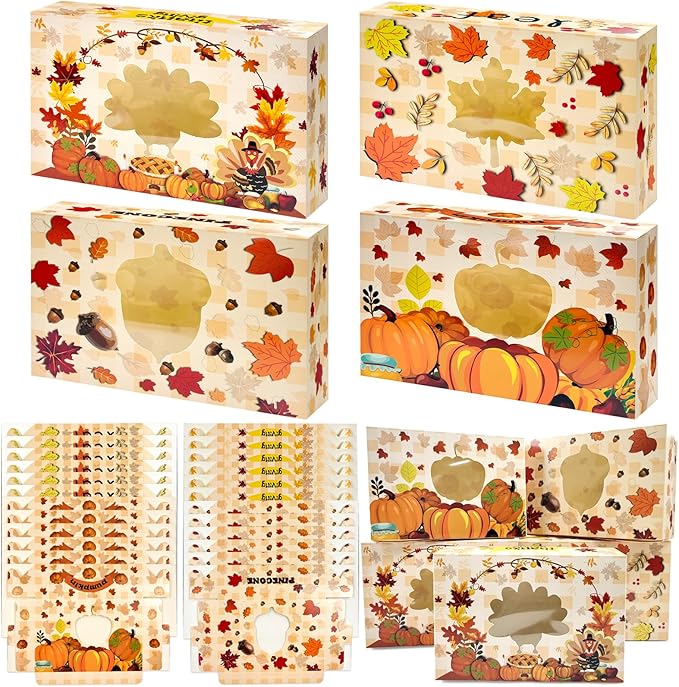 24pc Fall Cookie Boxes with Window, Autumn Maple Leaf Cookie Gift Cardboard Paper Treat Boxes for Fall Harvest, Wedding, Thanksgiving Party Supplies