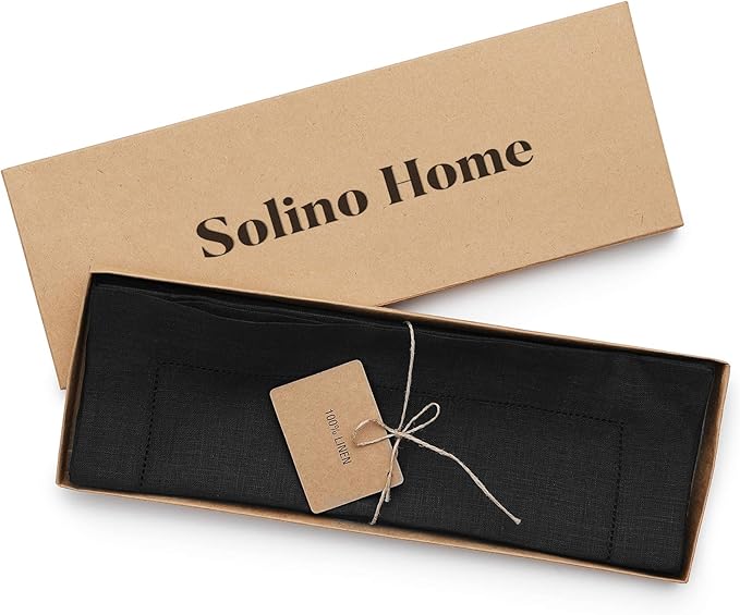 Solino Home Linen Square Placemats Set of 4-100% Pure Linen Black Cloth Placemats 14 x 14 Inch - Classic Hemstitch, Machine Washable Place Mats for Fall, Autumn, Winter, Christmas, New Year