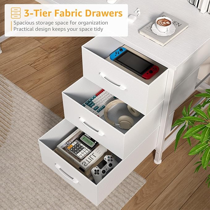 DLisiting White Computer Desk with Hutch & Drawers - Office Desk with 3 Storage Drawers and Power Outlets, 47 Inch Modern Study Writing Desk for Bedroom Home Office