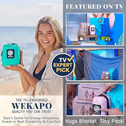 WEKAPO Beach Blanket Sandproof Waterproof, Extra Large Beach Mat, Oversized & Compact Sand Free Mat Quick Drying, Lightweight & Durable with Stakes & Corner Pockets