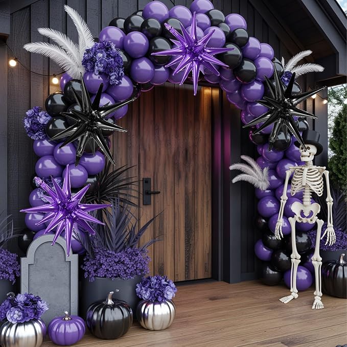 Black Purple Star Balloons,9Pcs 22Inch Black Purple Explosion Spike Cone Helium Polyester Film Star Foil Balloons for Birthday Halloween Anniversary Baby Shower Party Decorations