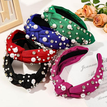 JILIYUPA Carnival Headband Rhinestone Cross Knotted Turban Hair Hoop Carnival Crystal Twist Velvet Wide Hairband Party Hair Accessory (Black, White)