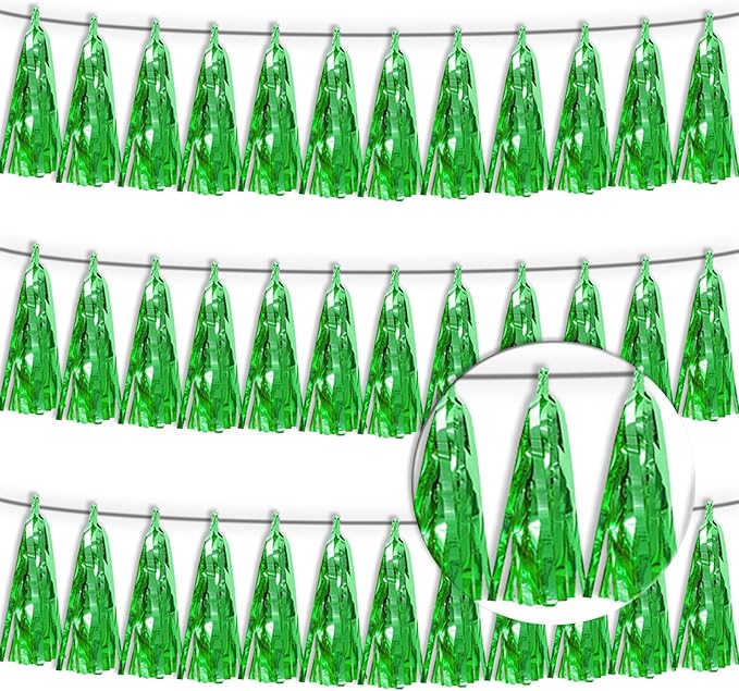 3P Green Tassel Banner Garland Metallic Foil Fringe Banner Tinsel Tassels Streamer Banner Backdrop for Parade Floats, 2025 Graduation Decorations, Father's Day Party Decoration