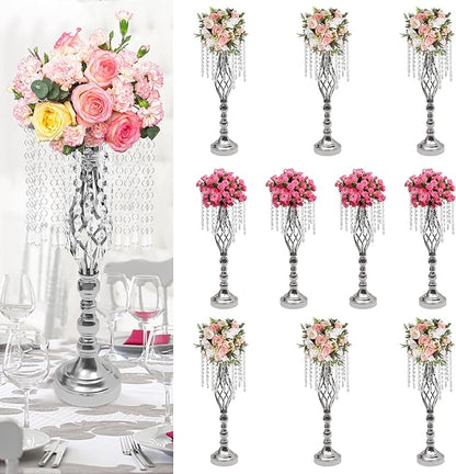 Wedding Centerpieces Gold Vases,10PCS Metal Flower Candle Holder with Sparkling Crystal Beads,Crystal Flower Vase Metal Flowers Stand for Party Tables Decorations (10pcs-Sliver-14cm)
