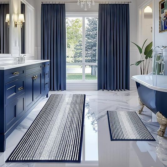 BSICPRO Bathroom Rugs and Mats Sets, 2 Piece Thick Absorbent Chenille Bath Mat Rug Set Non Slip, Soft Shaggy Bath Room Floor Mats for Bathroom, Machine Washable (Navy, 20" x 60" Plus 20" x 32")