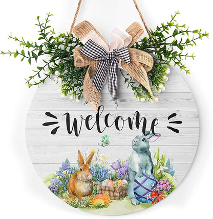 Harooni Easter Wooden Sign, 12 Inches, Rustic, Pastel Pink, Yellow, Green; Black, White, Round, Welcome, Wood, Hanging, Front Door, Front Porch, Wall