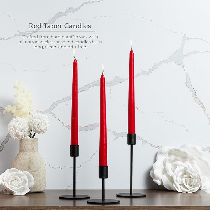 Bask 10-inch Taper Candles - Unscented and Dripless - Burns for 8 Hours - Home Decor for Dinner Table, Kitchen, and Bedroom - Perfect for a Romantic Date or Anniversary - 12-Pack - Red