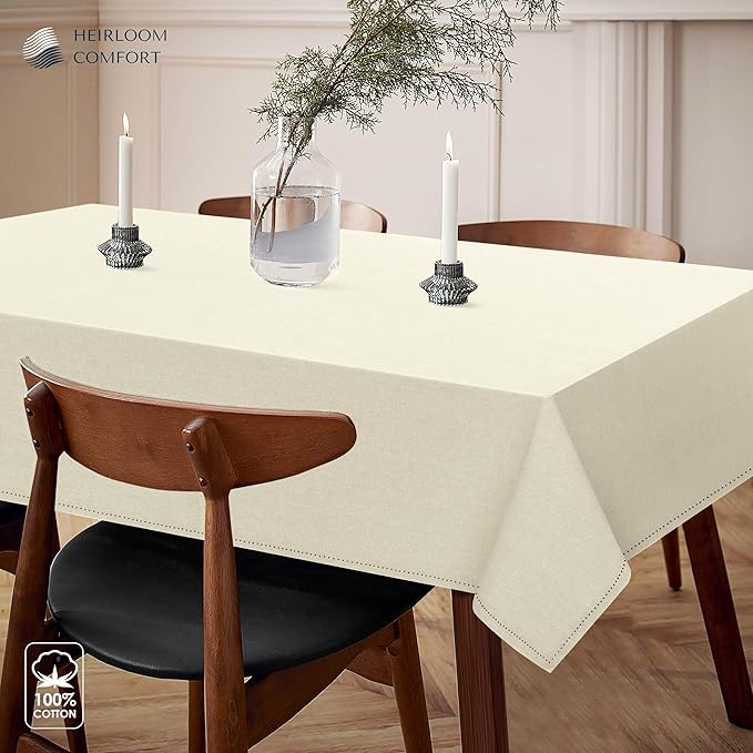 Ivory Cotton Tablecloth, Table Cover 52x70 Inch, Fits 4-6 Seats, Durable, Washable, Wrinkle Resistant, Rectangle Table Cloth for Dining, Elegant Dinners, Weddings, Special Occasions