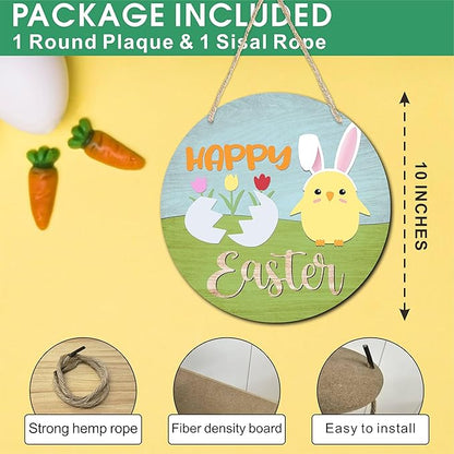 10" Easter Round Wooden Hanging Sign With Sisal Rope - Happy Easter - Chick And Bunny Ear Wooden Plaque For Front Door, Porch, Outdoor Indoor, Farmhouse Wall Decor Party Favor & Decorations - B01