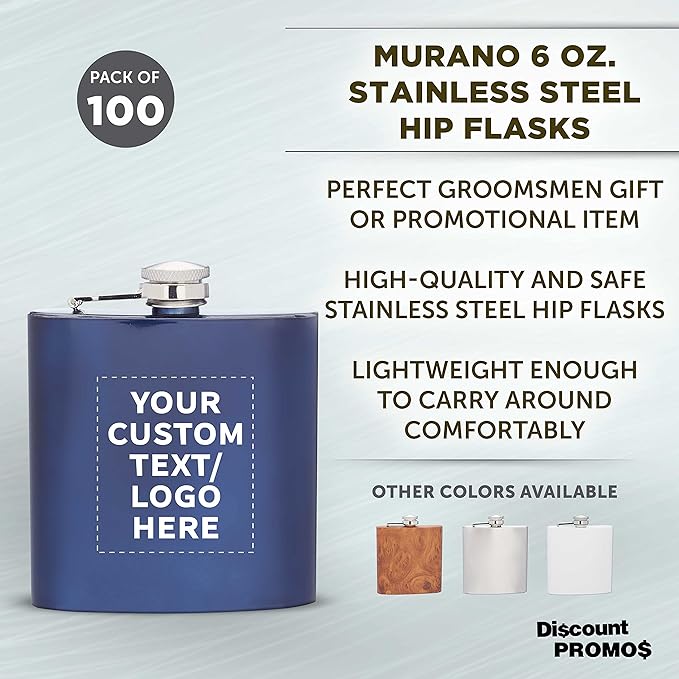 Custom Murano Stainless Steel Hip Flasks 6 oz. Set of 100, Personalized Bulk Pack - Screw on Cap, Great for Wedding Party Gifts, Groomsmen Gifts, Outdoor Activities - Blue