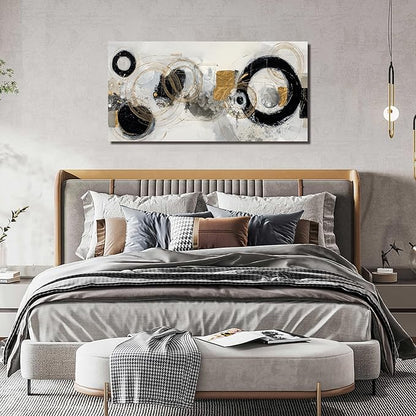 Abstract Circle Canvas Wall Art for Office Modern Wall Decor for Dining Room Black White Gold Pictures Wall Art for Bedroom Size 24 x 48 Inch