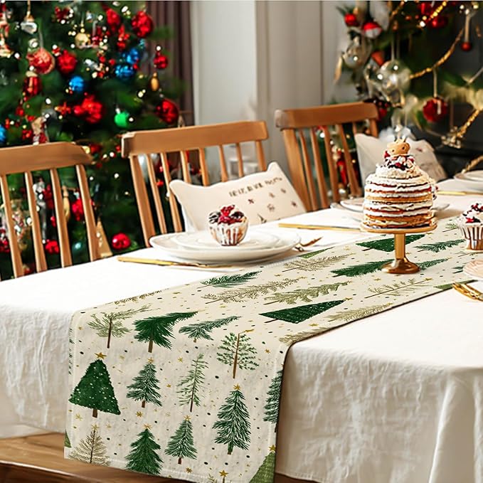 Christmas Tree Table Runner 13x72 Inch Winter Forest Burlap Farmhouse Dining Table Decoration Green Pine Trees Holiday Tablecloth for Kitchen Dining Room Indoor Outdoor Party Home Decor
