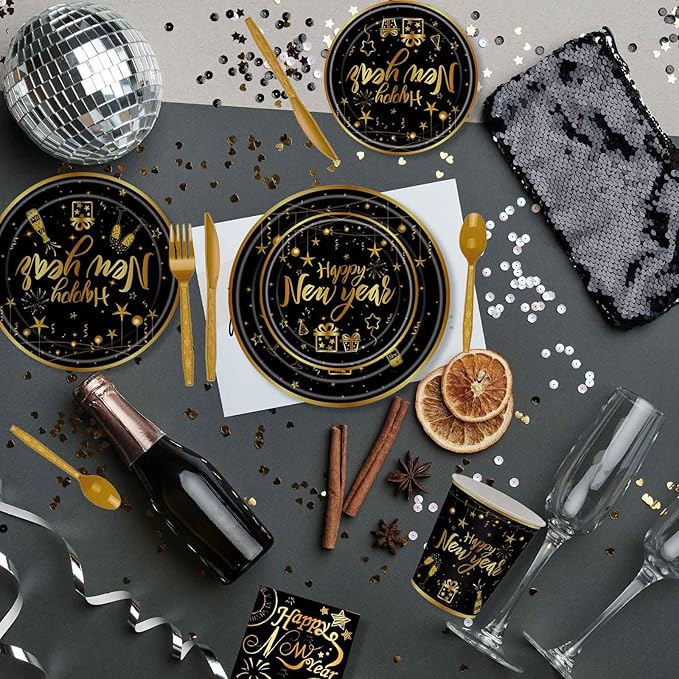 170 Pcs Happy New Year Disposable Tableware Set 2026 Happy New Year Eve Party Supplies, Disposable Tablecloth, Paper Cup, Plates for 24 Guests 2026 NYE Dinner Supplies, Black, Gold
