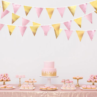 Pink Gold Party Decoration Metallic Fabric Light Pink Gold Triangle Pennant Banner Flag Bunting Garland for Women Girl Birthday Retirement Graduations Bridal Shower Wedding Baby Shower Party Supplies