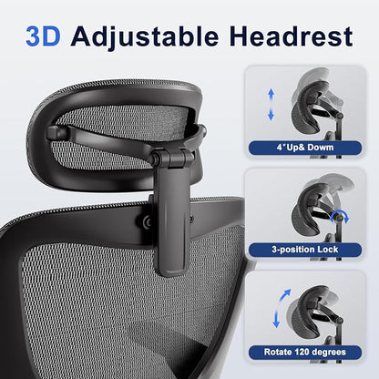 Ergonomic Office Chair, Mesh Seat Cushion with 3D Armrests and 3D Headrest, Adjustable Lumbar Support with 90-120° Rocking Function, Black