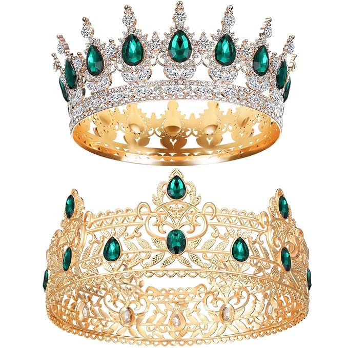 MTLEE 2 Pcs Prom King and Queen Crowns for Men Women King Queen Crowns Tiara with Rhinestone for Wedding Birthday Grad(Green Gold, Green Style)