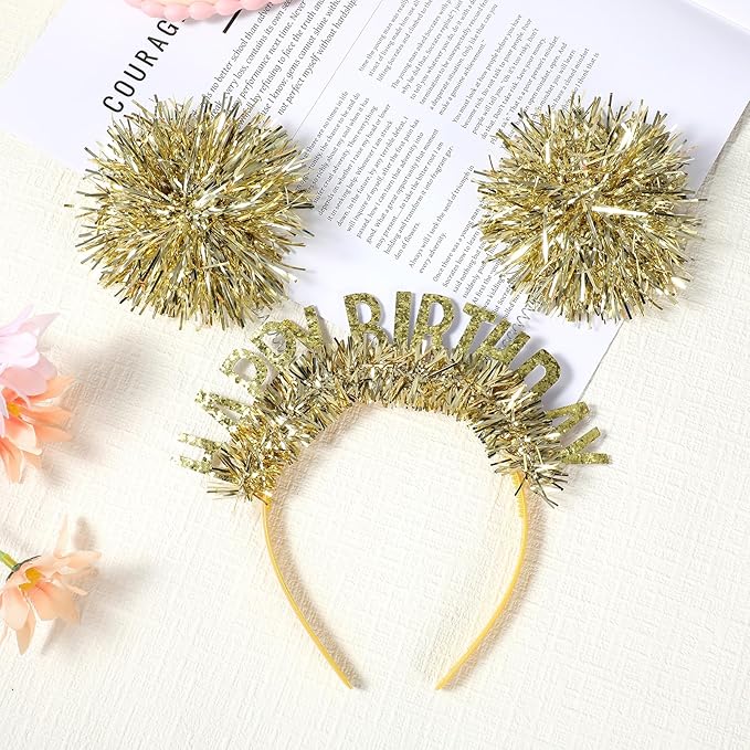 Birthday Crown for Girls and Women, Pom Pom Headband Happy Birthday Tiara Hair Headband Accessories for Adults Kids(Gold)