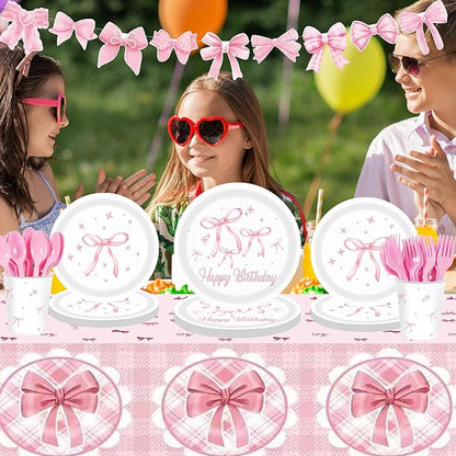 160pcs Pink Bow Birthday Decorations,Conquette Decorations Includes Napinks Plates Forks Pink Bow Theme Tableware Party Supplies Bow Girls Birthday Party Decor