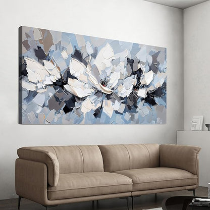 Abstract Canvas Wall Art Decor Large White Wall Art for Living Room Abstract Canvas Art Wall Decor Flower Pictures Oversized Blue Wall Art Prints Artwork for Walls Bedroom Office Decor 29" X58"
