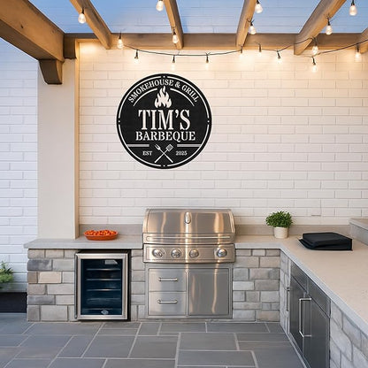 Custom Outdoor BBQ Metal Sign, Personalized Grill Wall Decor for Backyard Patio, Rustic Cut Metal Barbecue Sign Gift