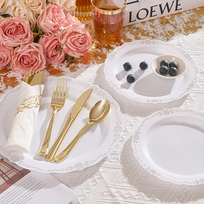 175 PCS White and Gold Disposable Plates, Elegant Dinnerware Set for 25 Guests, 50 Plastic Plates, 75 Silverware, 25 Cups & 25 Paper Napkins, White and Gold