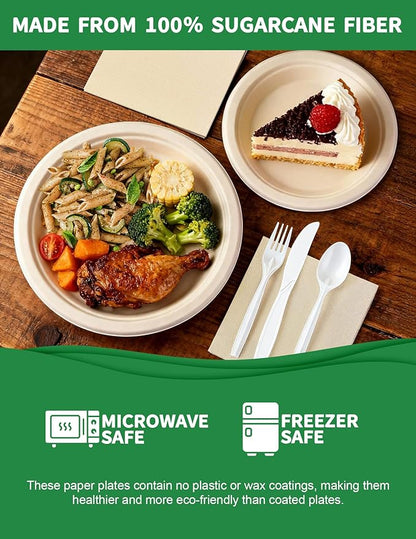 300Pack Disposable Paper Plates and Cutlery Set - Includes 50PCS 7-inch and 9-inch Platters, 50 sets of Disposable Cutlery and Napkins - 100% Compostable Tableware Set for 50 Guests Service