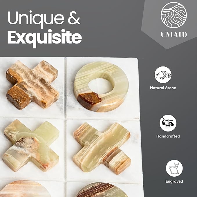 UMAID Luxury Marble Tic Tac Toe Game, Handcrafted 10" Onyx Board in Velvet Box, Solid Marble Set, Each Piece is Unique, Elegant Coffee Table or Office Decor, Unique Gift for Men, Women, Game Lovers