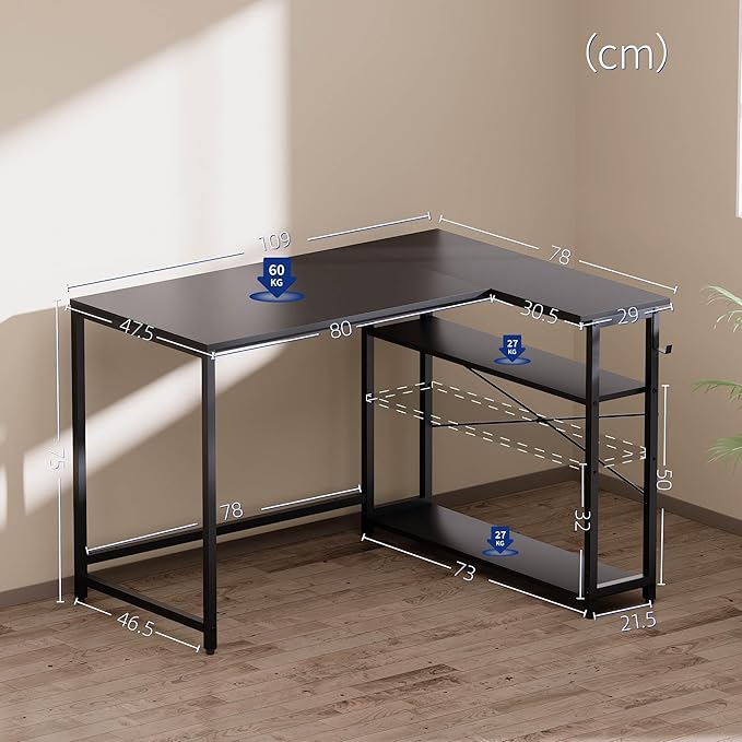 Pamray 43 Inch L Shaped Computer Desk with Reversible Side Storage Shelves, Small Corner Desk for Small Space Home Office,Writing Study Table PC Desk for Bedroom,Vintage