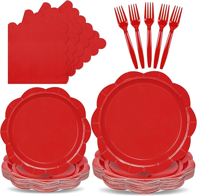 96 Pcs Red Paper Plates and Napkins Set Party Supplies, Tableware set for 24 Guest include Disposable Red Scalloped Plates, Napkins and Forks for Baby Shower Bridal Shower Wedding Christmas