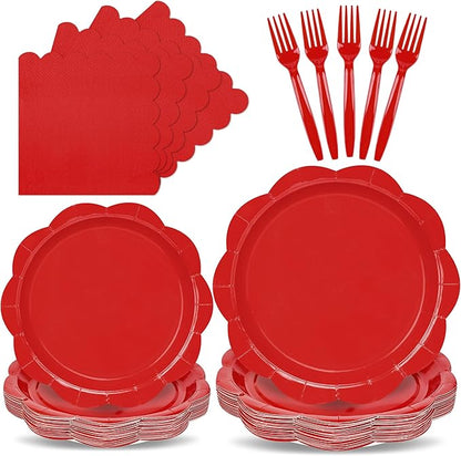 96 Pcs Red Paper Plates and Napkins Set Party Supplies, Tableware set for 24 Guest include Disposable Red Scalloped Plates, Napkins and Forks for Baby Shower Bridal Shower Wedding Christmas