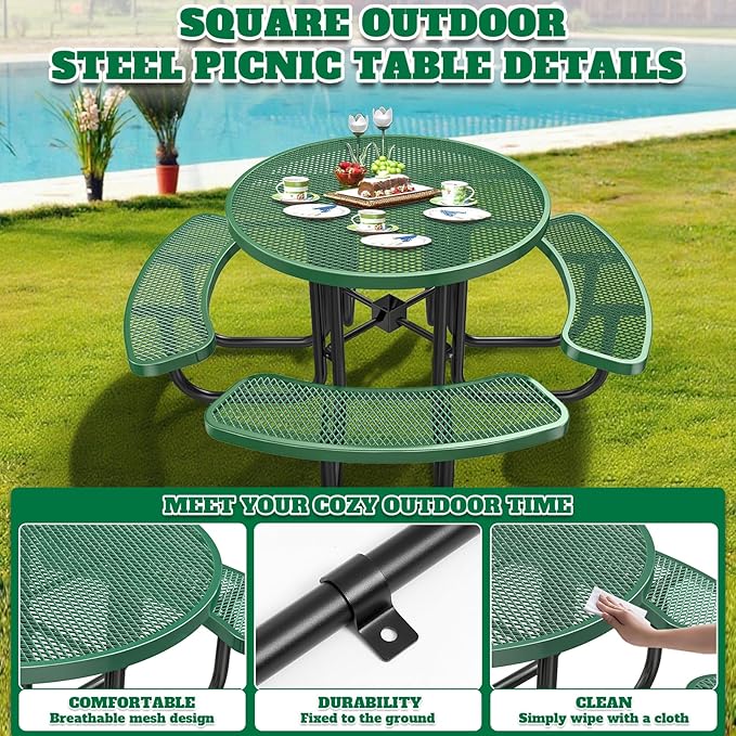 47'' Heavy-Duty Metal Picnic Tables with Umbrella Hole, Outdoor Steel Heavy Duty Commercial Grade Black Table, Outdoor Bench Set for Lawn, Patio, Park, Yard, Garden, Porch (Set B, Round)