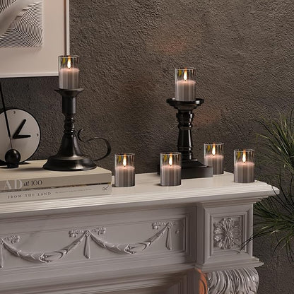 6Pack Glass Flickering Flameless Candles with Remote, 2"X3" Real Wax Votive Candles Battery Operated, Small Electric LED Candles for Wedding Home Decor, w/4 Timers+2 Lighting Modes [Gray]